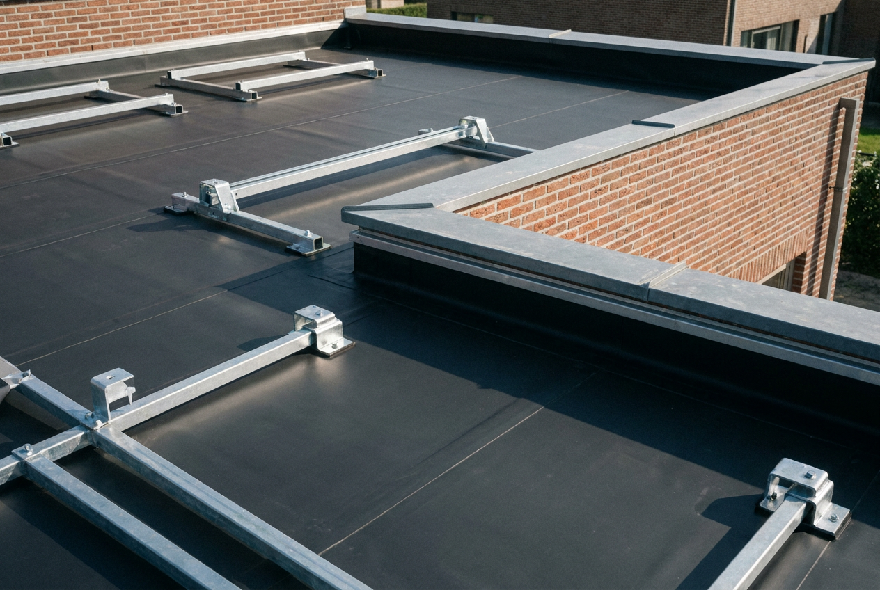 Plat dak met EPDM-dakbedekking, voorbereid voor zonnepanelen.