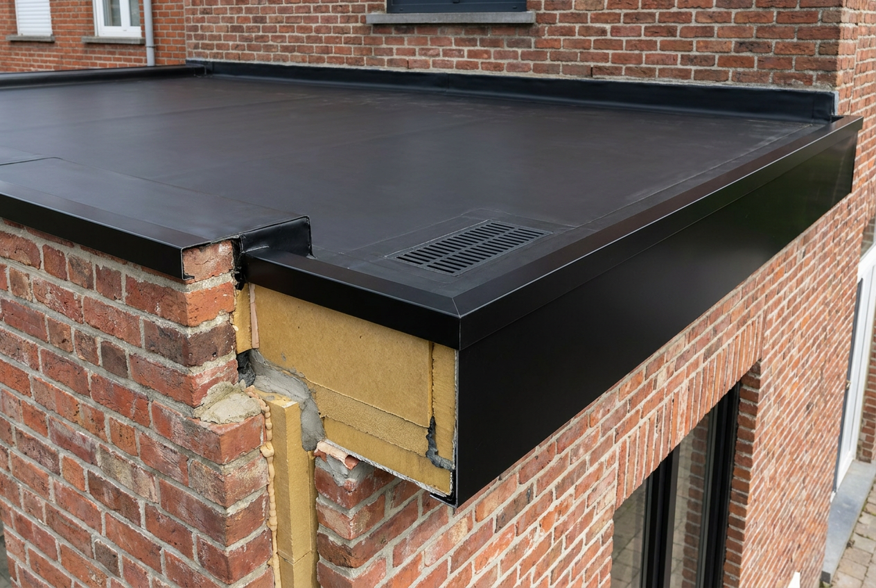 Stedelijk rijhuis met plat EPDM dak en geïntegreerde dakgoot