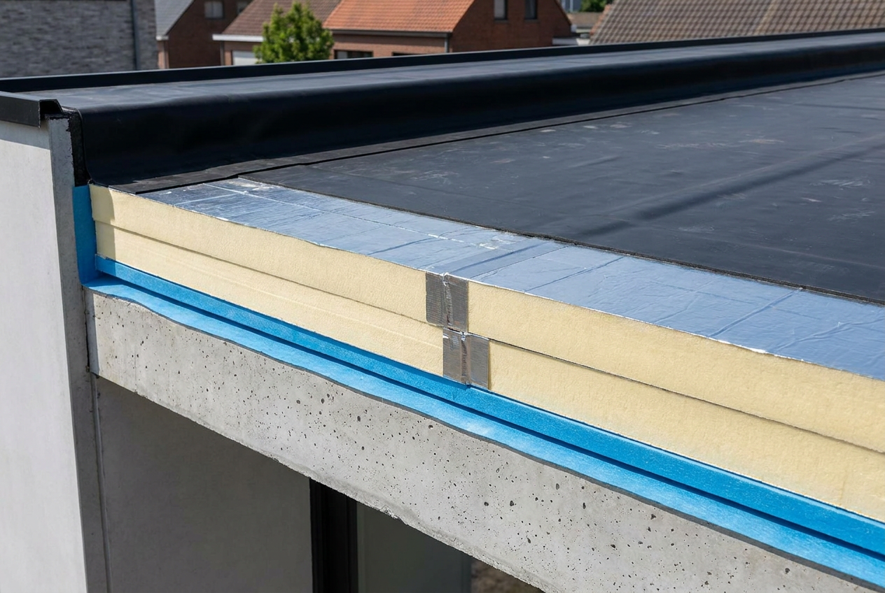 Doorsnede plat dak met EPDM en PIR-isolatie