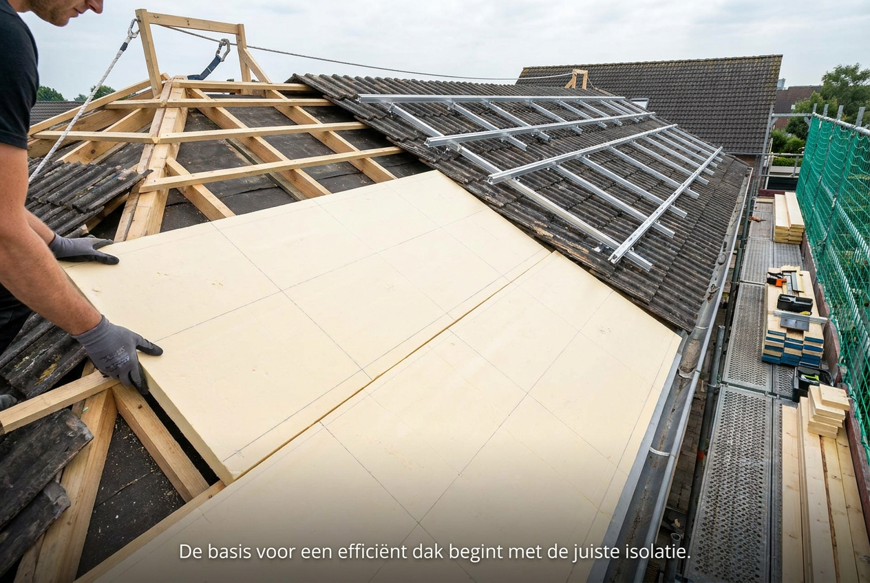 Dakwerker plaatst sarking isolatie op hellend dak