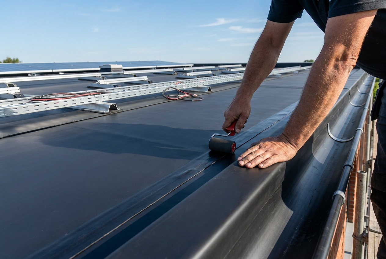 Plat dak met EPDM-dakbedekking en voorbereiding zonnepanelen
