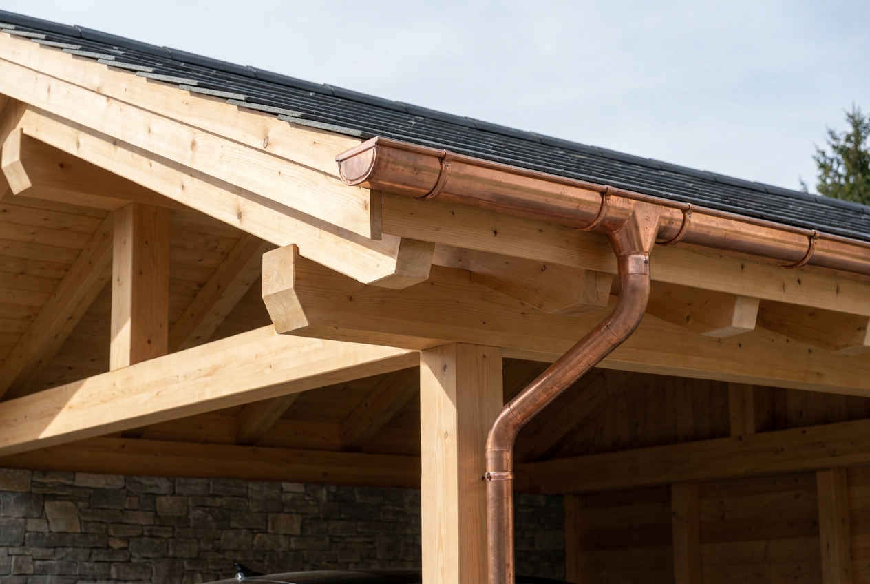 Moderne carport met houten dakoversteek en koperen dakgoot