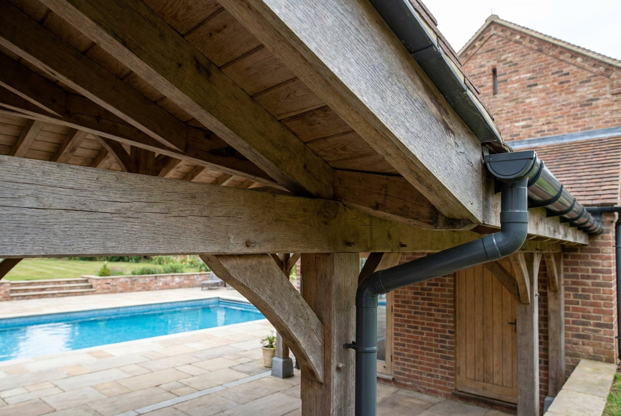 Houten overkapping poolhouse met PVC dakgoot