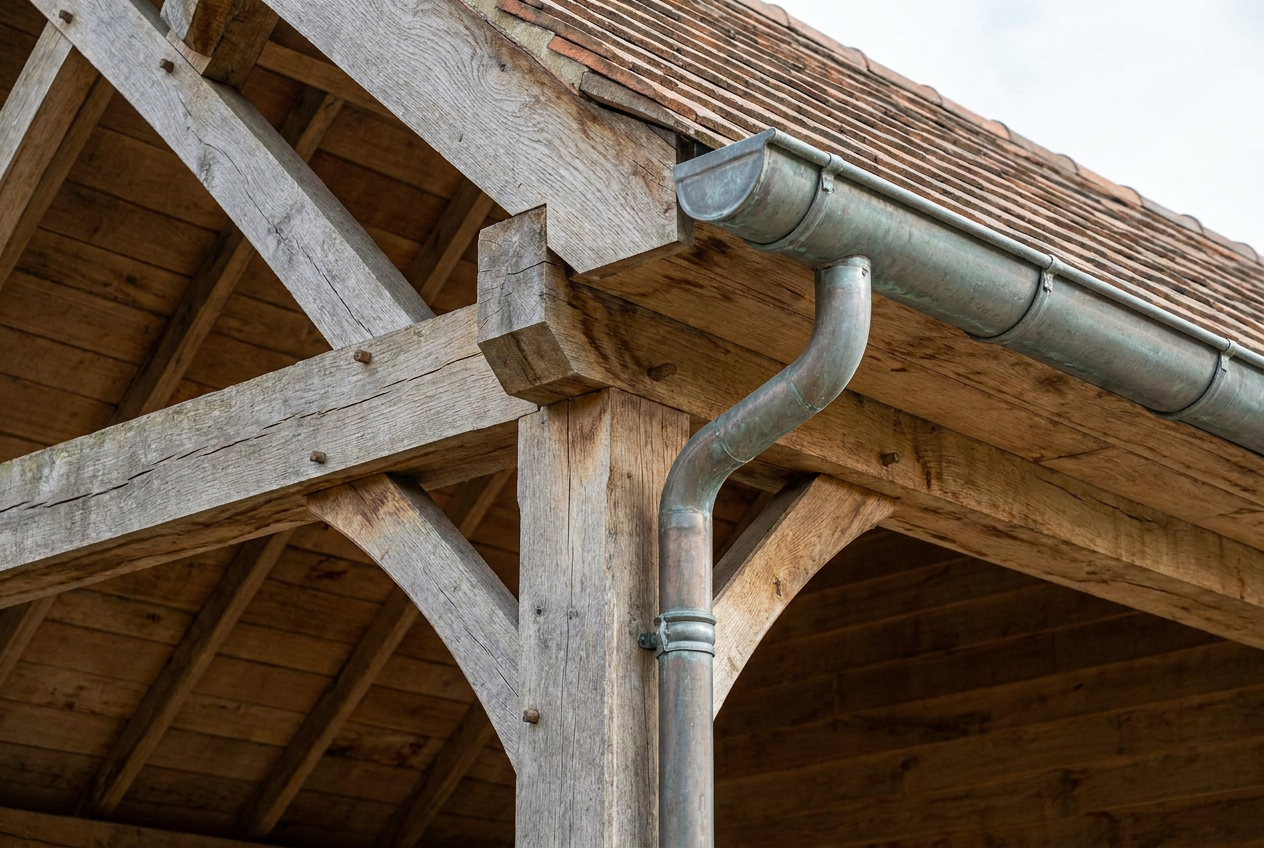 Detail eiken bijgebouw met houten dakoversteek en zinken afvoer