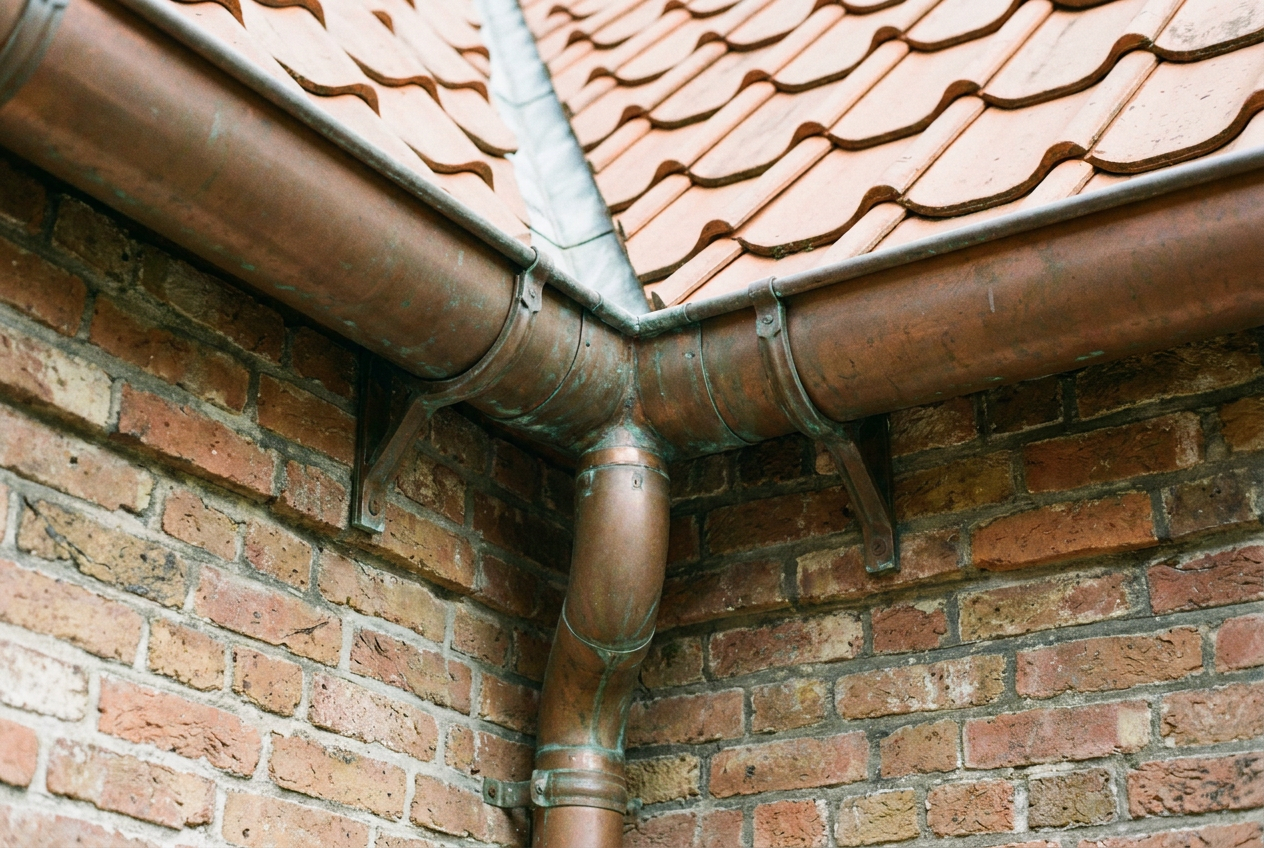 Koperen dakgoot en regenpijp detail