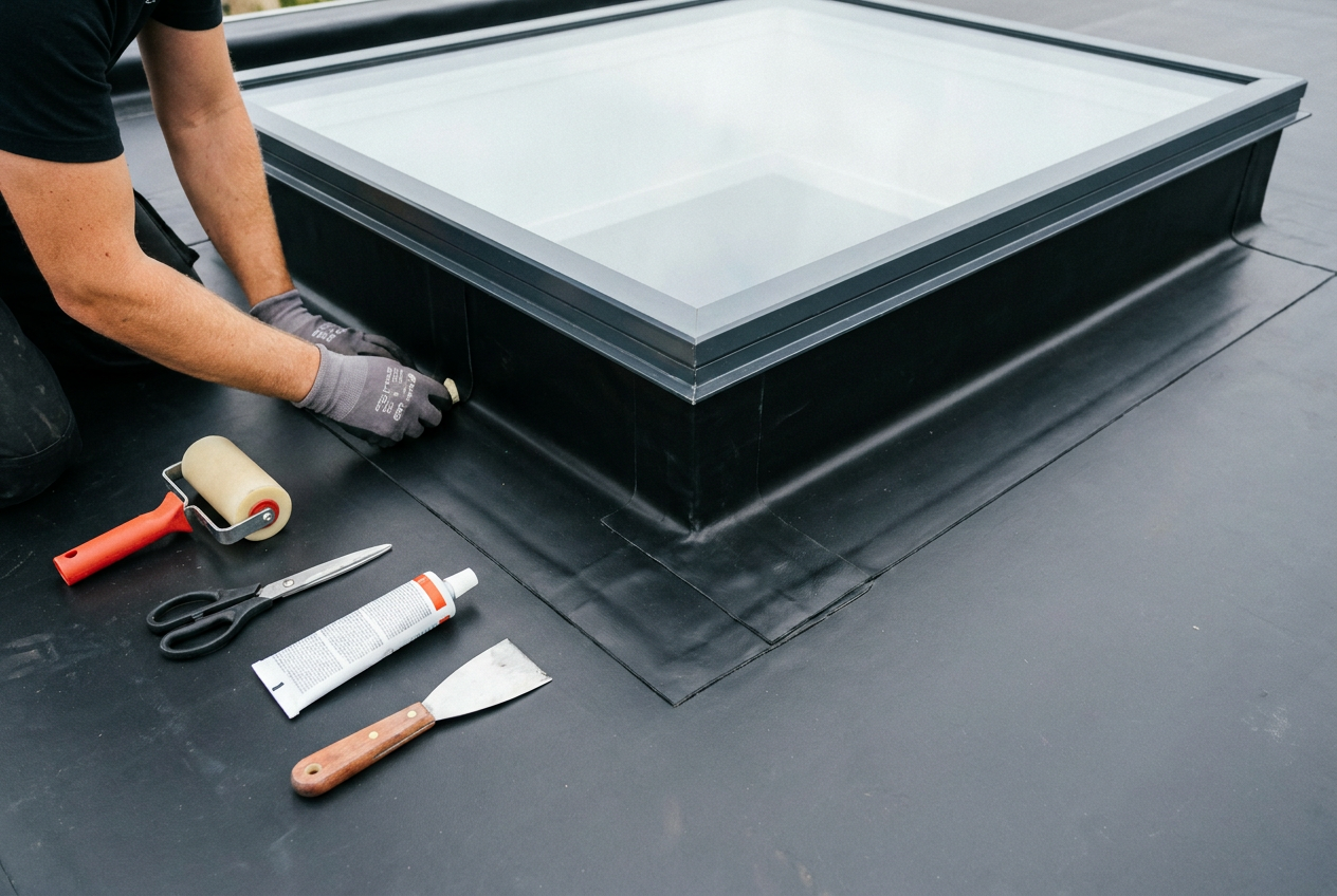 Vakman werkt aansluiting lichtstraat op EPDM-dak af