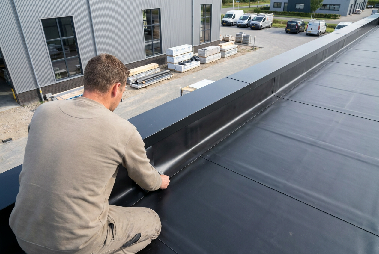 Vakman die EPDM dakbedekking aanbrengt op een plat dak.