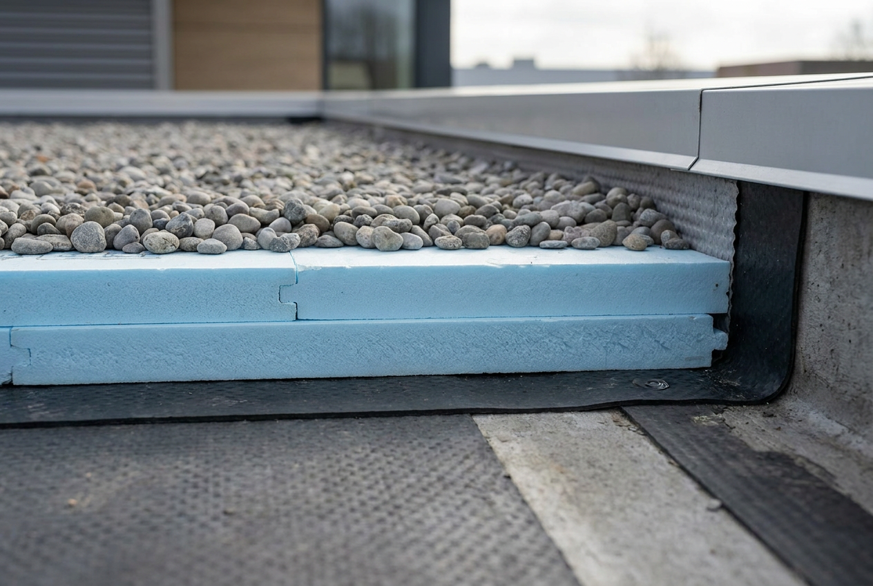 Dwarsdoorsnede omgekeerd dak met XPS isolatie